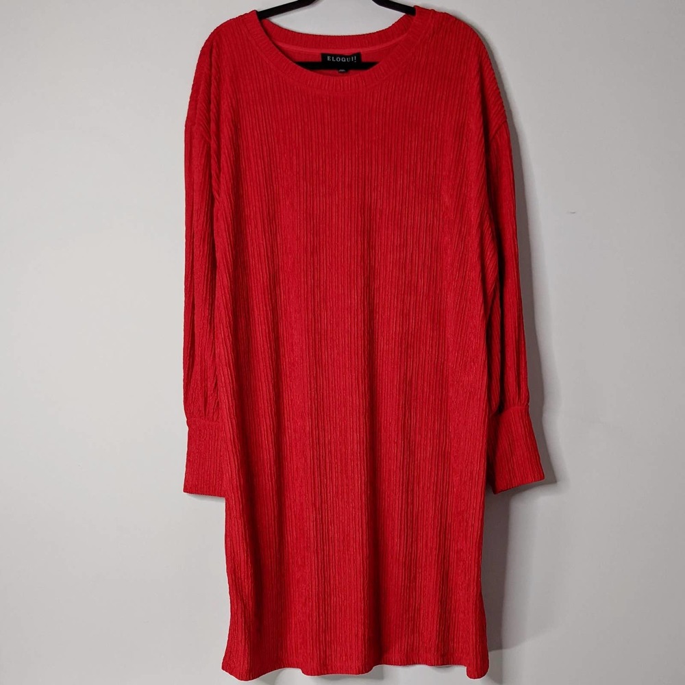 ELOQUII • Red Ribbed Drop Shoulder Easy Dress 1X